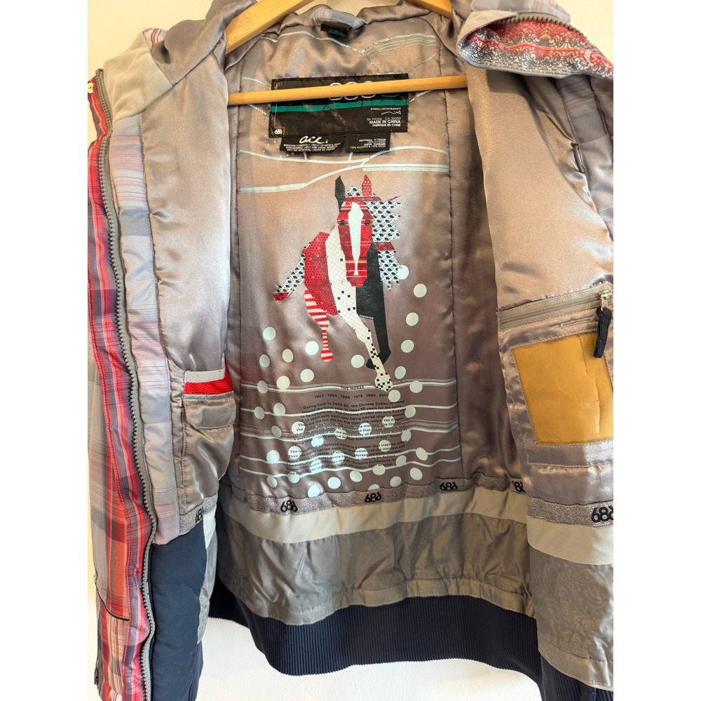 686 Acc Michael Akira West Womens Plaid Snowboard Jacket Red Grey Hooded Medium - Picture 2 of 12